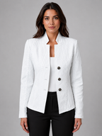 Women's Textured Blazer Jacket with Stand Collar and Button Front