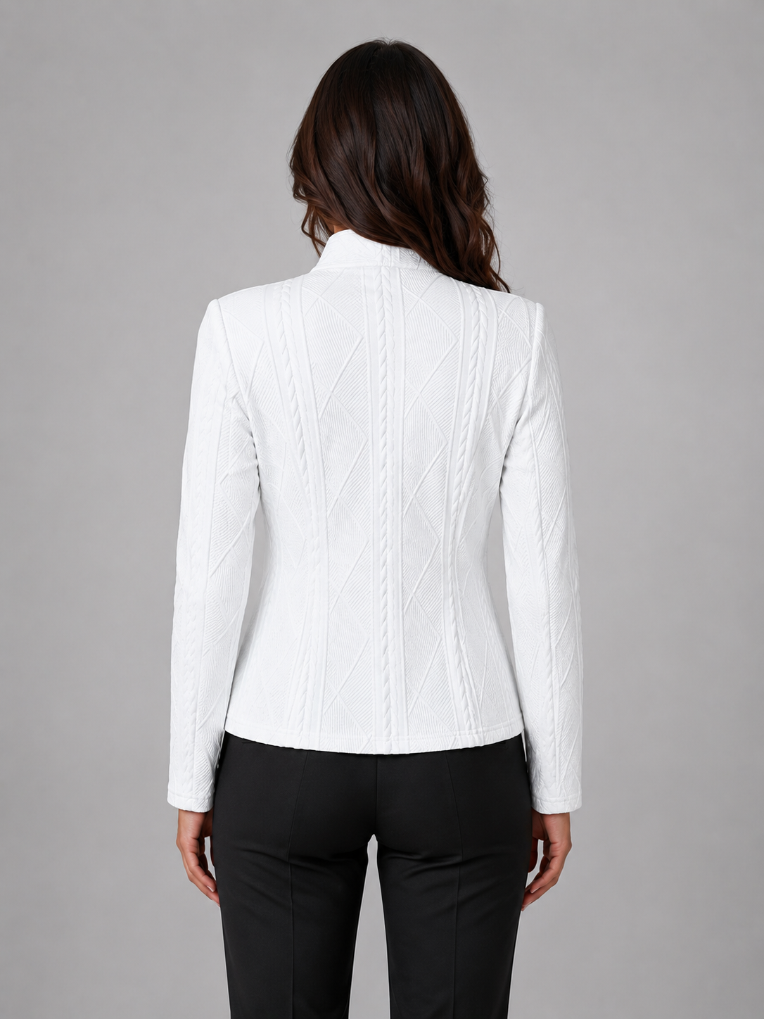 Women's Textured Blazer Jacket with Stand Collar and Button Front