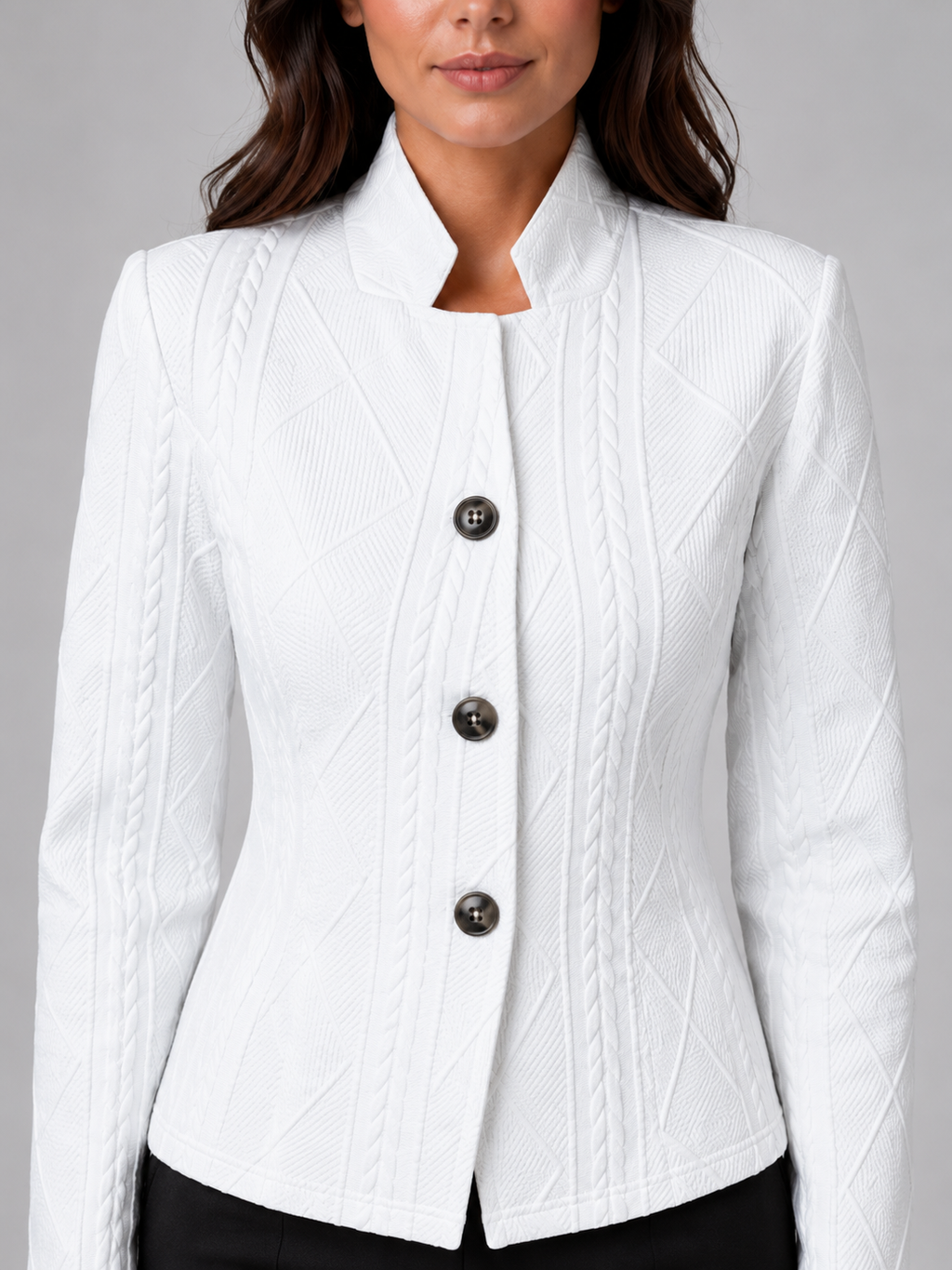 Women's Textured Blazer Jacket with Stand Collar and Button Front