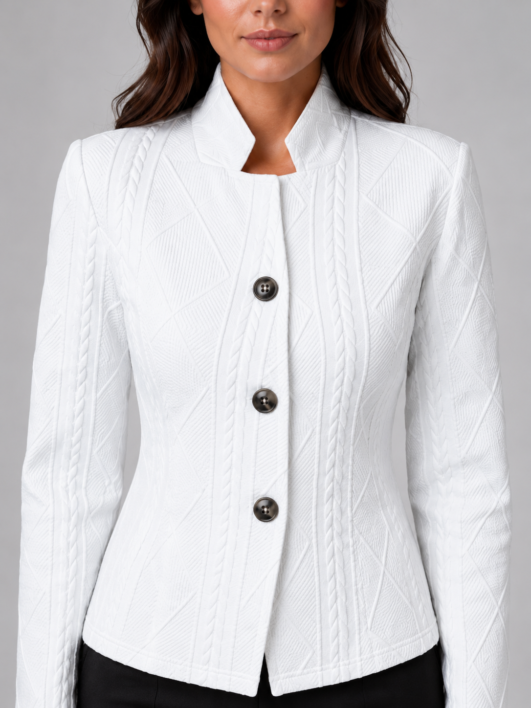 Women's Textured Blazer Jacket with Stand Collar and Button Front