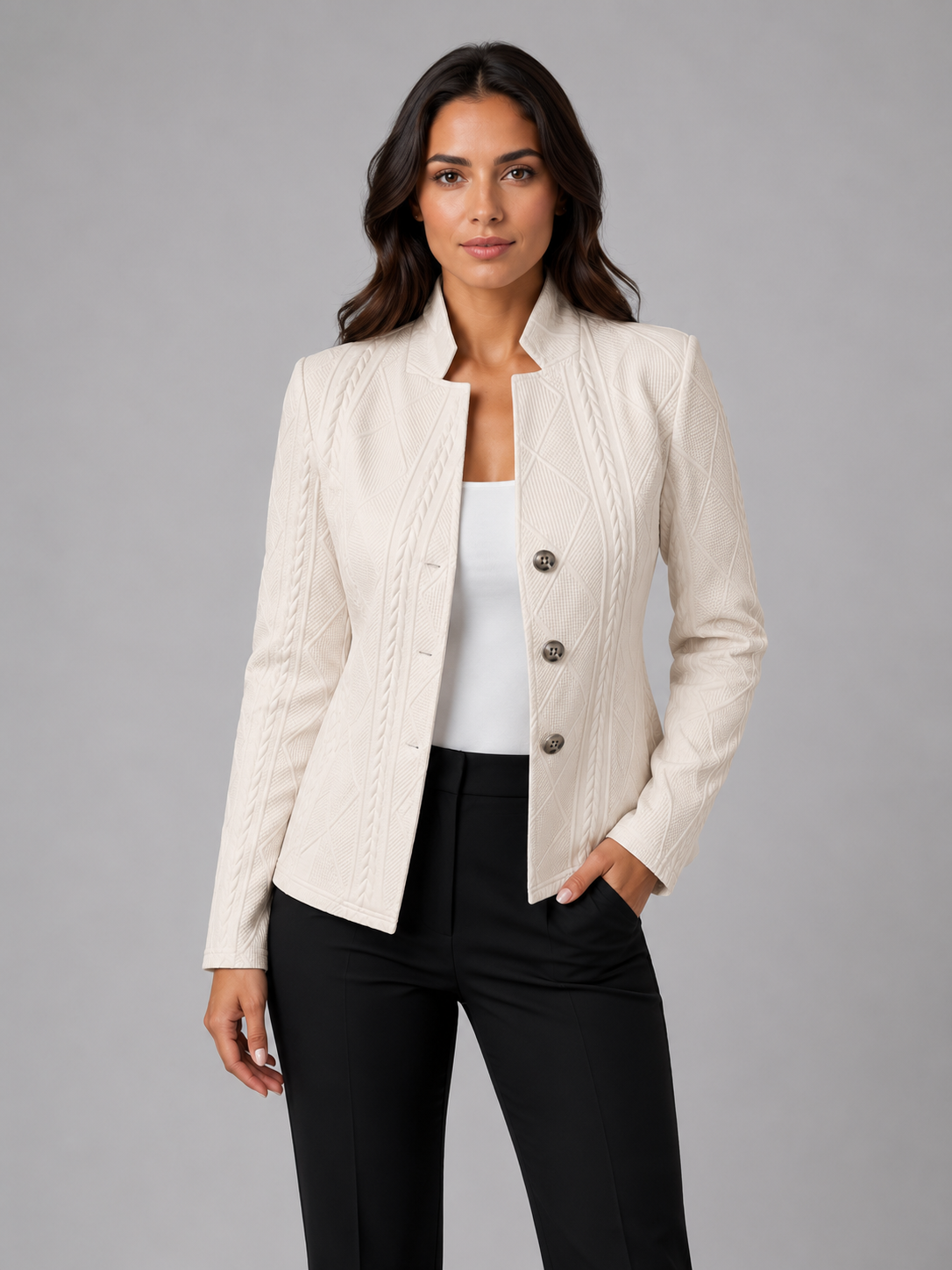 Women's Textured Blazer Jacket with Stand Collar and Button Front