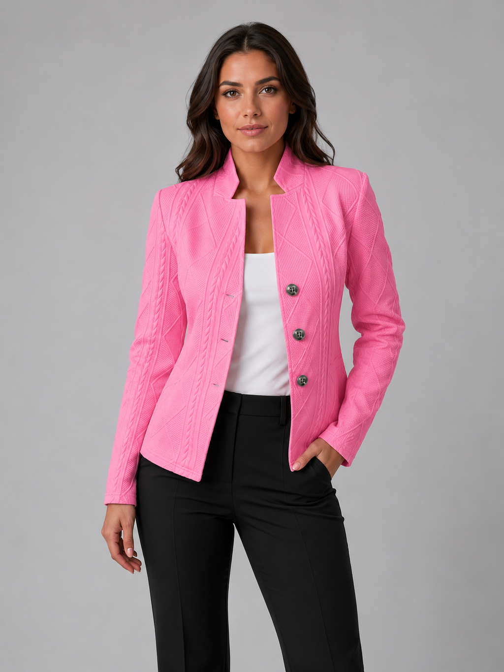 Women's Textured Blazer Jacket with Stand Collar and Button Front