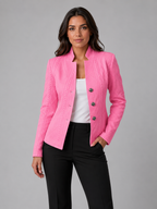 Women's Textured Blazer Jacket with Stand Collar and Button Front