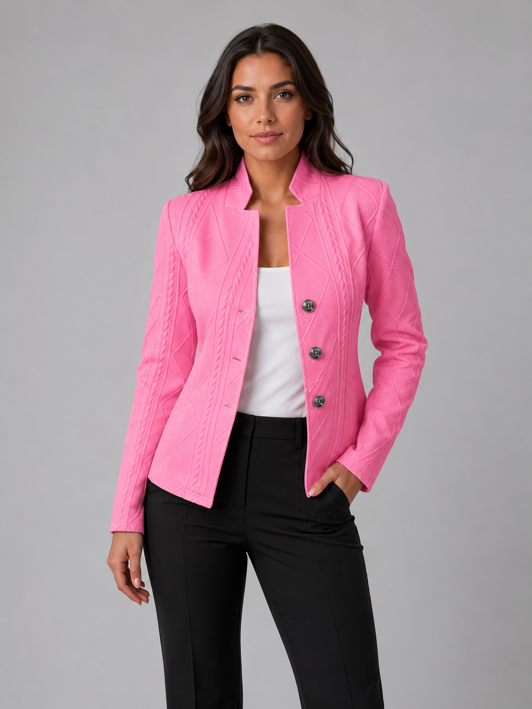 Women's Textured Blazer Jacket with Stand Collar and Button Front