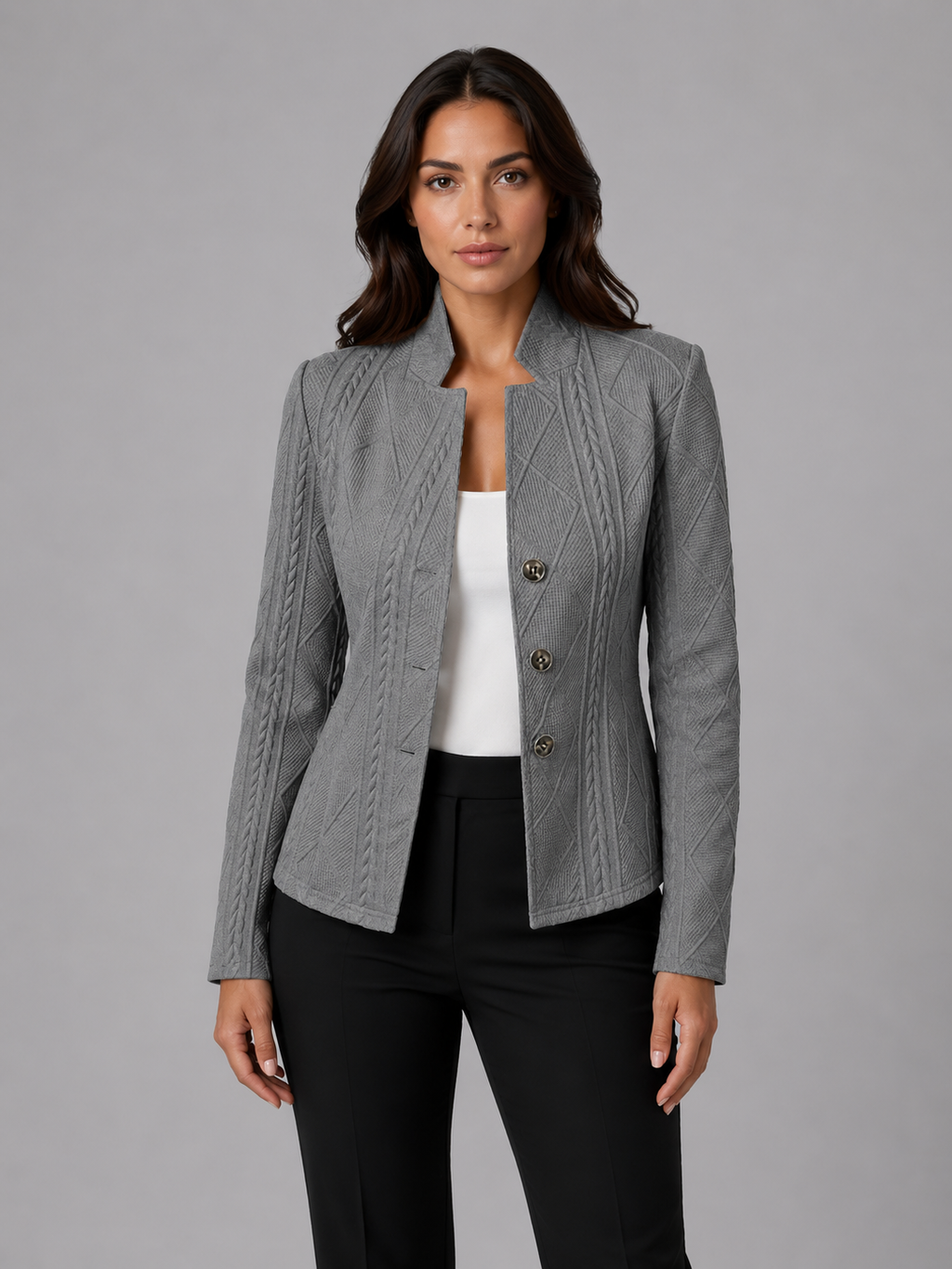 Women's Textured Blazer Jacket with Stand Collar and Button Front