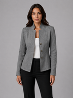 Women's Textured Blazer Jacket with Stand Collar and Button Front
