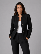 Women's Textured Blazer Jacket with Stand Collar and Button Front