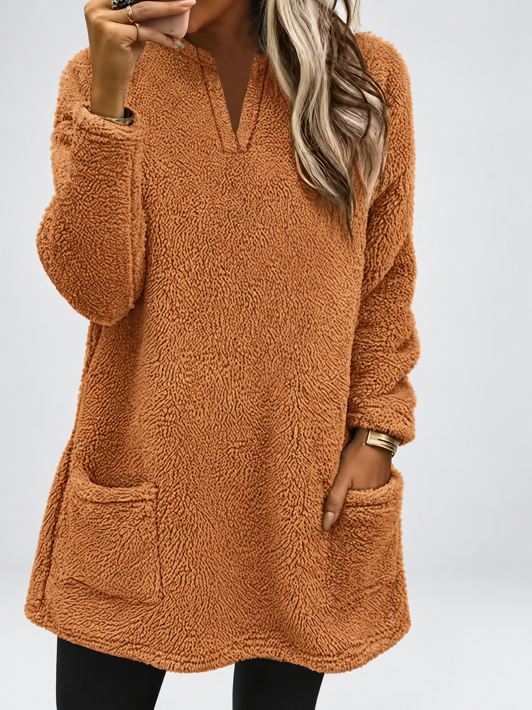 Women's Long Oversized Fleece Jumper with Split Neck and Patch Pockets in Brown – photo 1