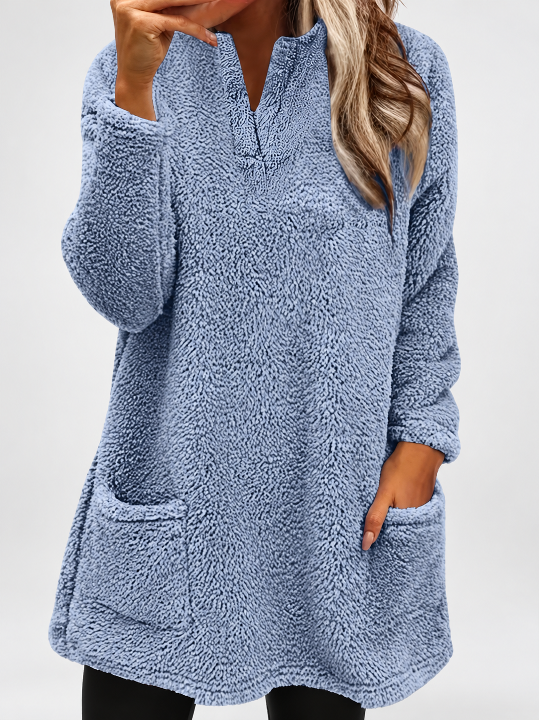 Women's Long Oversized Fleece Jumper with Split Neck and Patch Pockets in Light Blue – photo 1