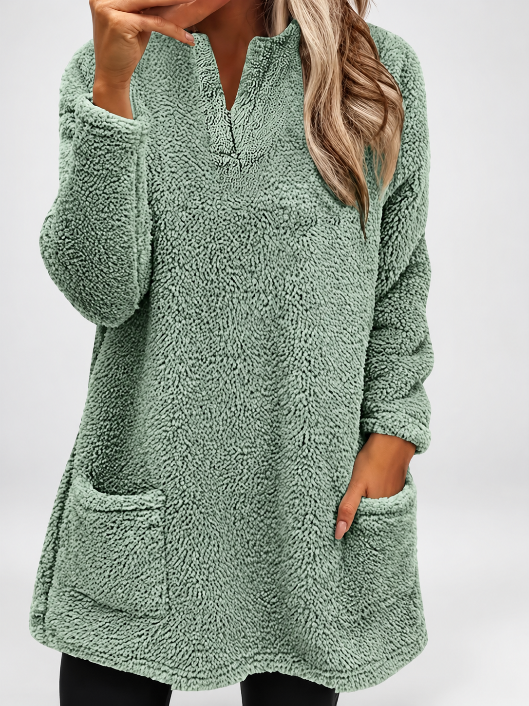 Women's Long Oversized Fleece Jumper with Split Neck and Patch Pockets in Light Green – photo 1