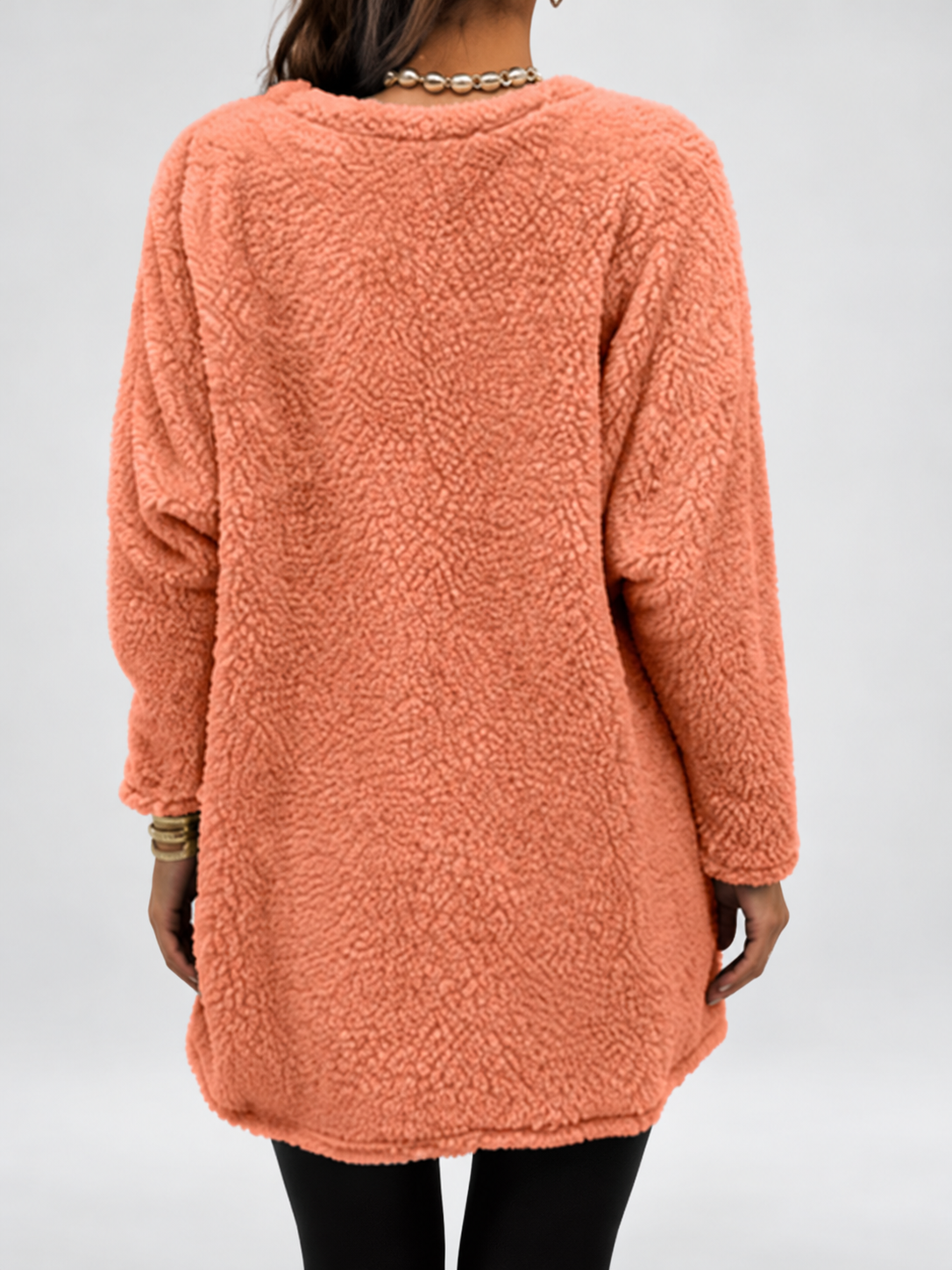 Women's Long Oversized Fleece Jumper with Split Neck and Patch Pockets in Orange – photo 2