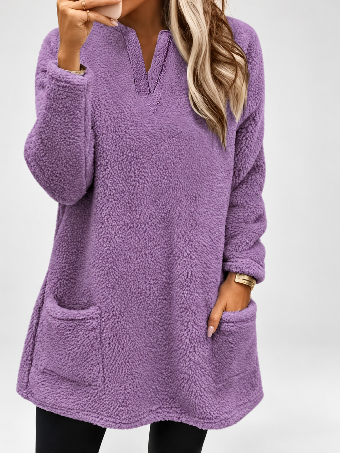 Women's Long Oversized Fleece Jumper with Split Neck and Patch Pockets in Purple – photo 1