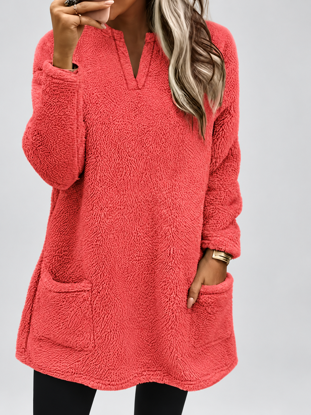 Women's Long Oversized Fleece Jumper with Split Neck and Patch Pockets in Red – photo 1