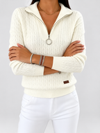 Women's Cable Knit Half Zip Jumper with Folded Collar and Ribbed Cuffs in Apricot – photo 3