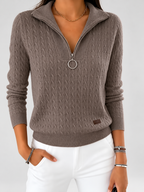 Women's Cable Knit Half Zip Jumper with Folded Collar and Ribbed Cuffs in Coffee – photo 1