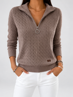 Women's Cable Knit Half Zip Jumper with Folded Collar and Ribbed Cuffs in Coffee – photo 4