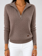 Women's Cable Knit Half Zip Jumper with Folded Collar and Ribbed Cuffs in Coffee – photo 5