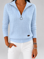Women's Cable Knit Half Zip Jumper with Folded Collar and Ribbed Cuffs in Light Blue – photo 1