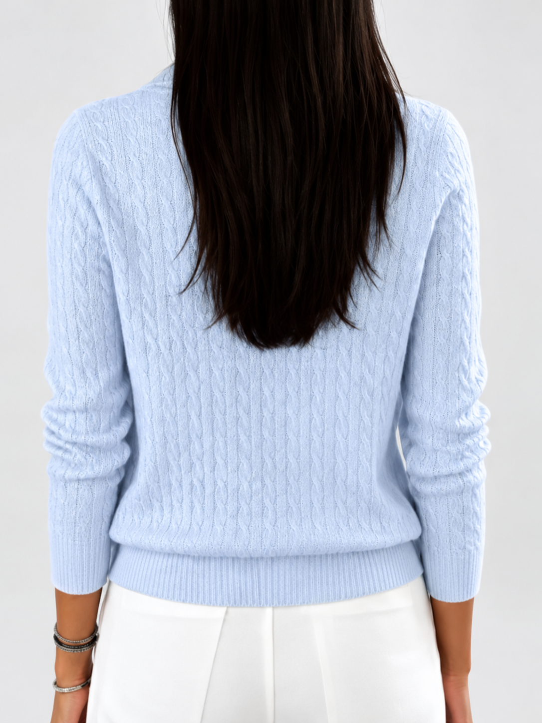Women's Cable Knit Half Zip Jumper with Folded Collar and Ribbed Cuffs in Light Blue – photo 2