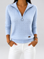 Women's Cable Knit Half Zip Jumper with Folded Collar and Ribbed Cuffs in Light Blue – photo 4
