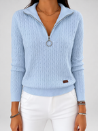 Women's Cable Knit Half Zip Jumper with Folded Collar and Ribbed Cuffs in Light Blue – photo 5