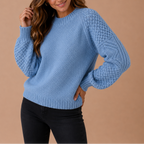 Women's Knit Jumper with Pointelle Sleeves and Crew Neck