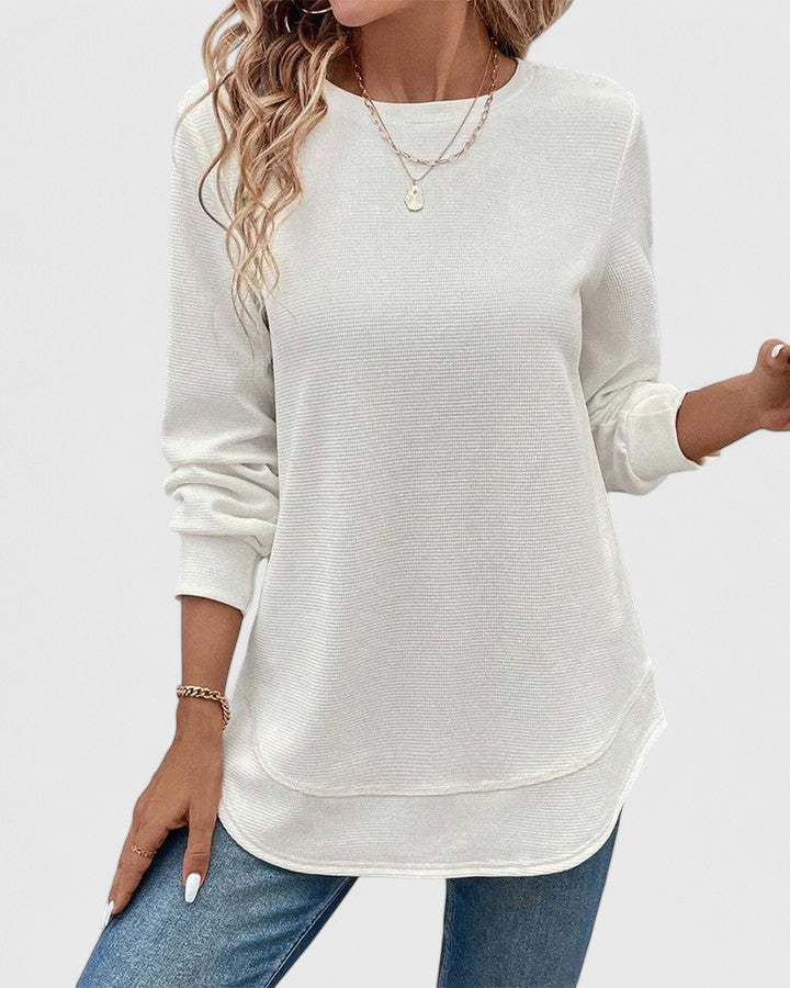 Women's Textured Long Sleeve Top with Round Neck - 3