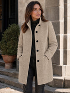Women's Wool Blend Stand Collar Coat in Apricot – Hands in Pockets View
