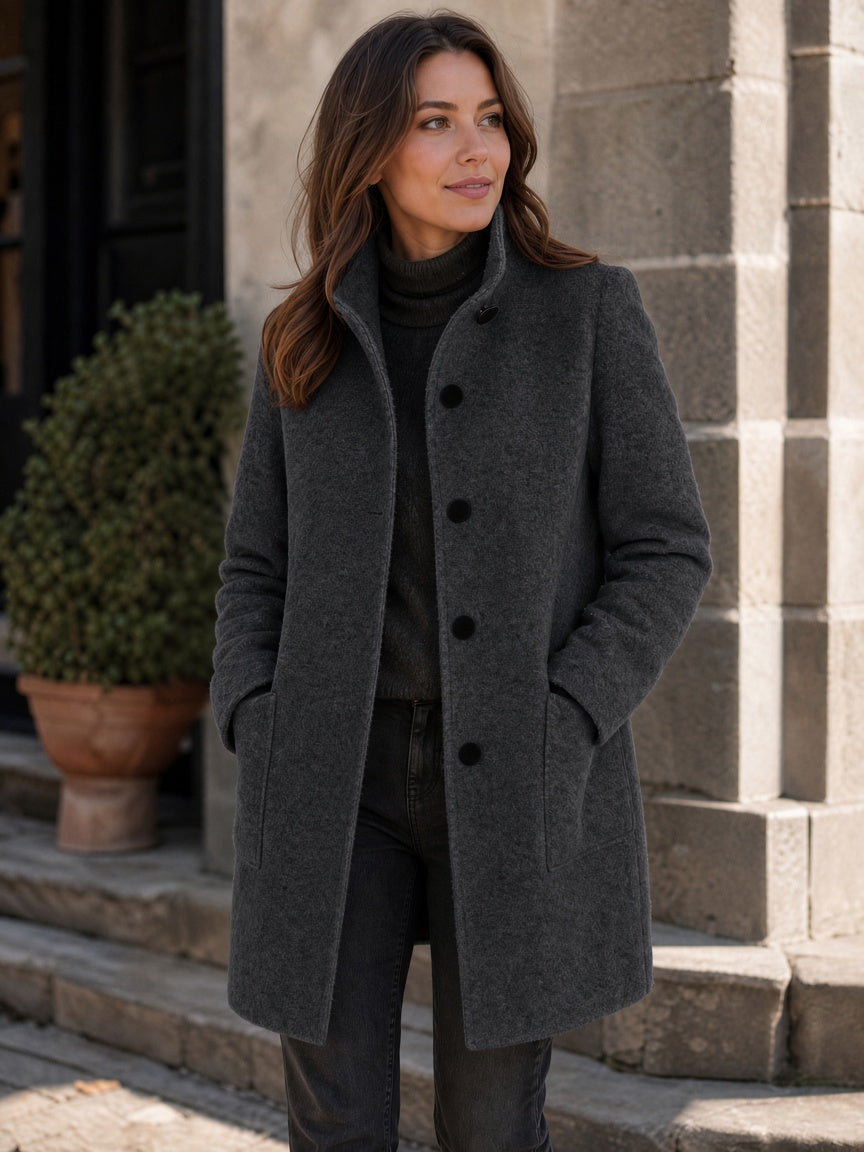 Women's Wool Blend Stand Collar Coat in Black – Hands in Pockets View