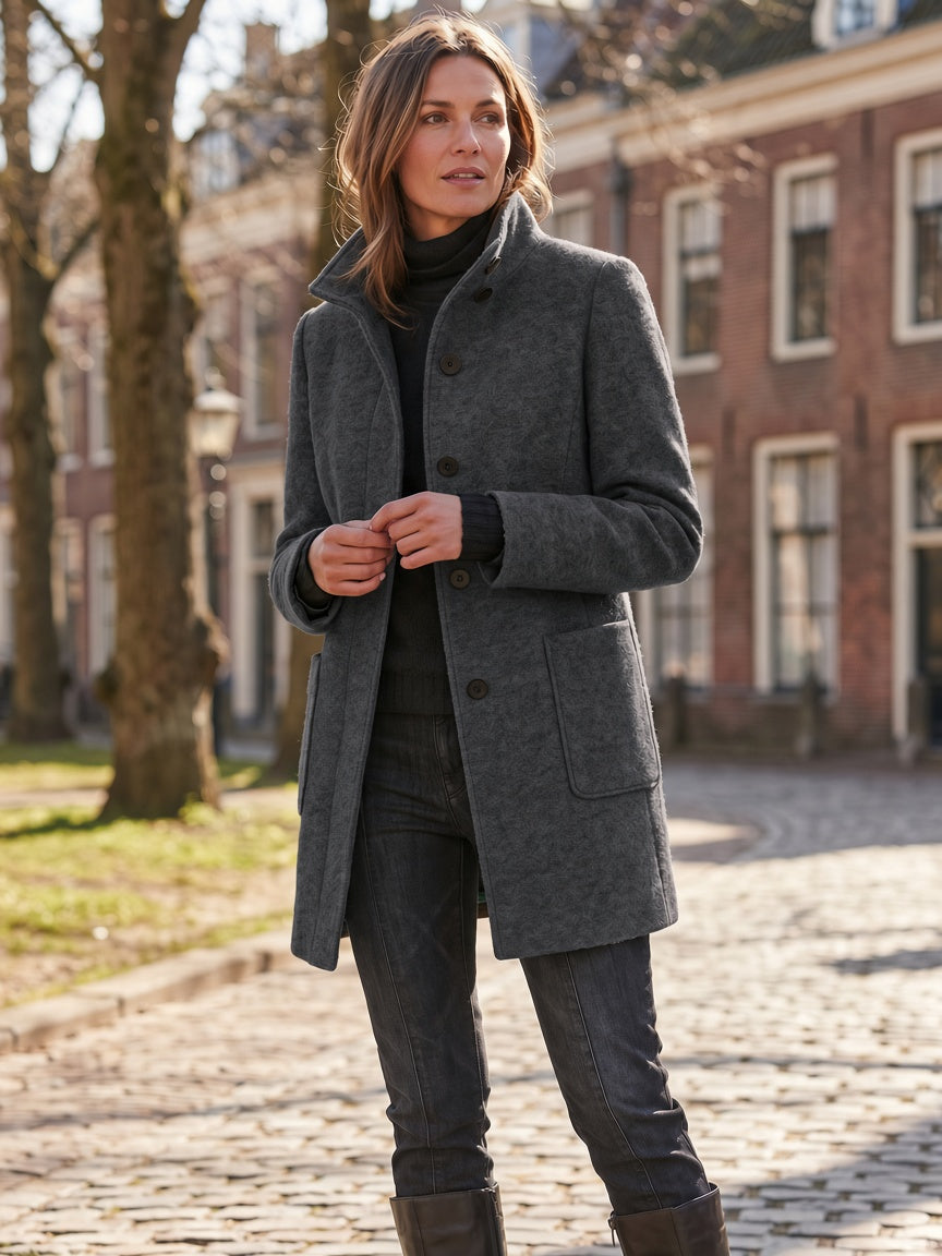 Women's Wool Blend Stand Collar Coat in Black – Full Length View