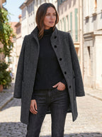 Women's Wool Blend Stand Collar Coat in Black – Open Coat View