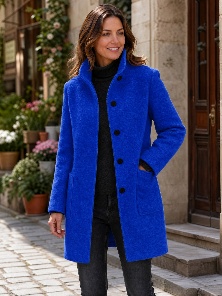Women's Wool Blend Stand Collar Coat in Blue – Front View