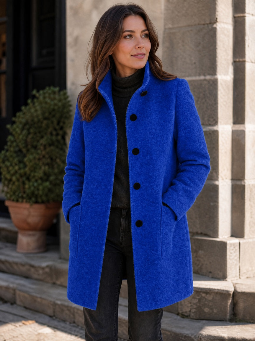 Women's Wool Blend Stand Collar Coat in Blue – Hands in Pockets View