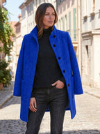 Women's Wool Blend Stand Collar Coat in Blue – Open Coat View