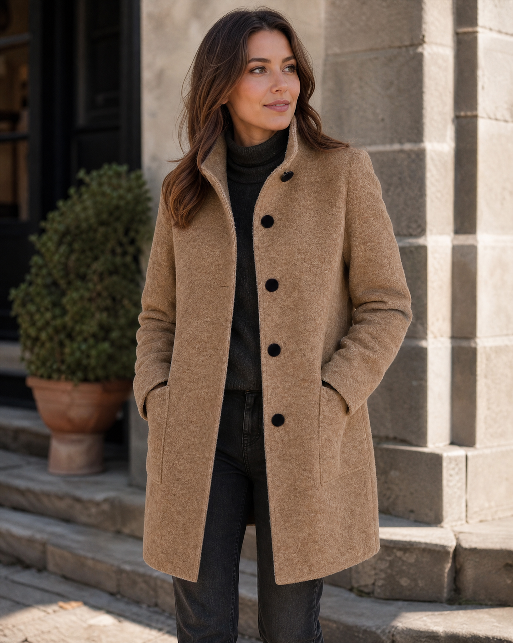Women's Wool Blend Stand Collar Coat in Camel – Hands in Pockets View