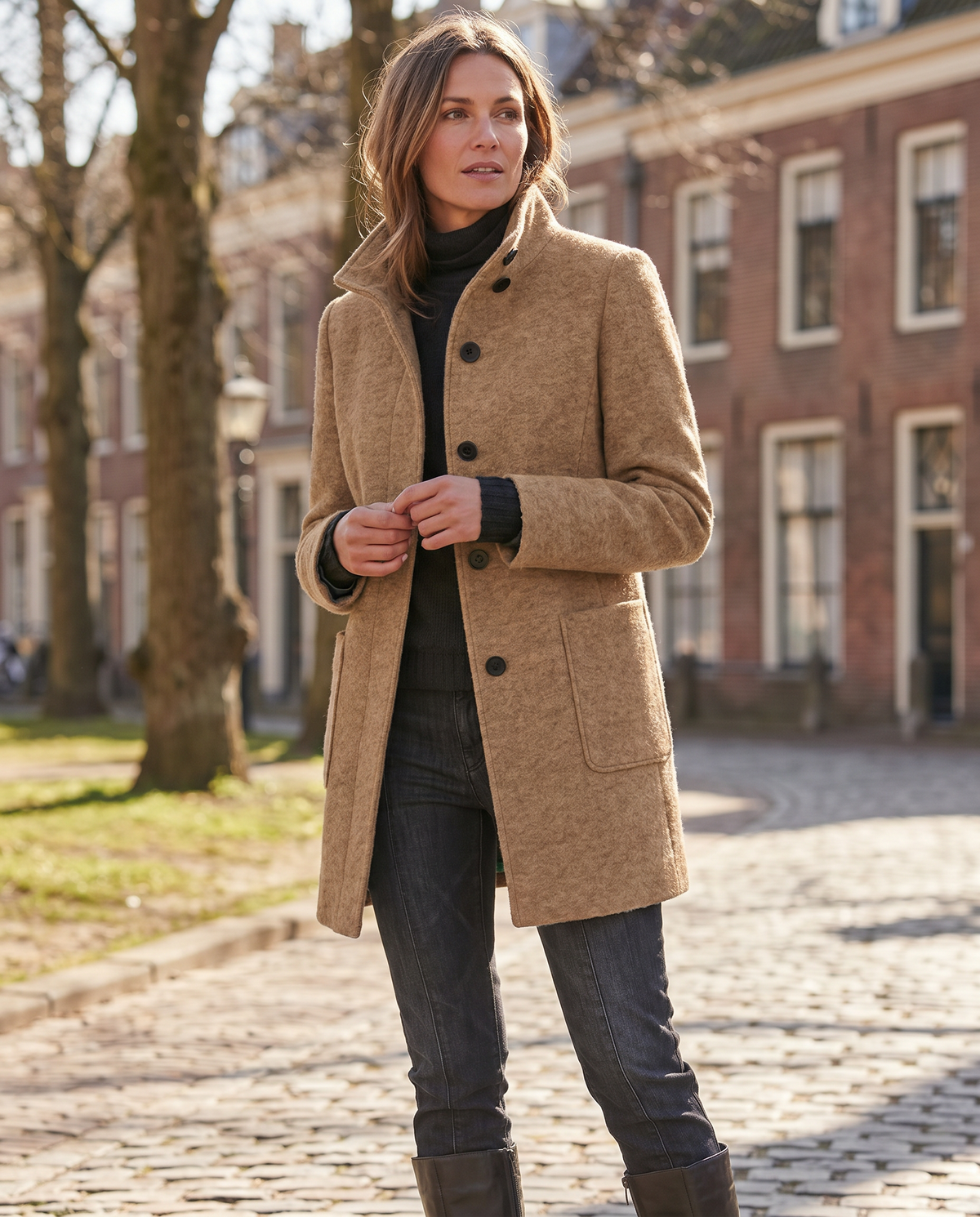 Women's Wool Blend Stand Collar Coat in Camel – Full Length View