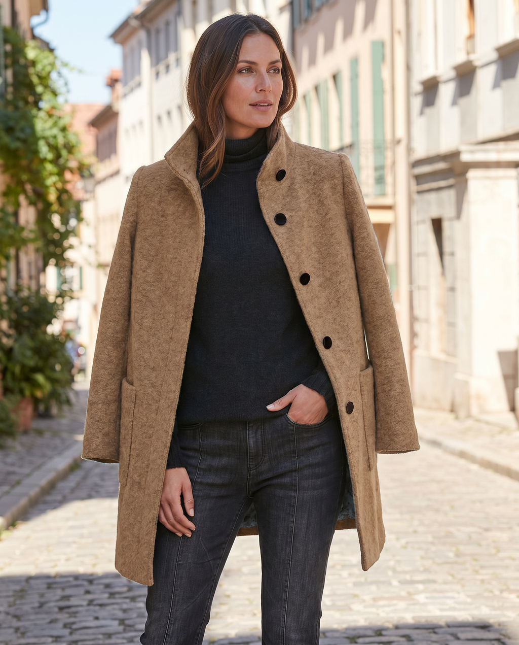 Women's Wool Blend Stand Collar Coat in Camel – Open Coat View