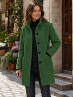 Women's Wool Blend Stand Collar Coat in Dark Green – Front View
