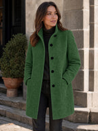 Women's Wool Blend Stand Collar Coat in Dark Green – Hands in Pockets View