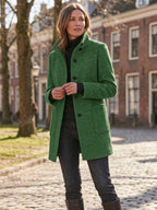 Women's Wool Blend Stand Collar Coat in Dark Green – Full Length View