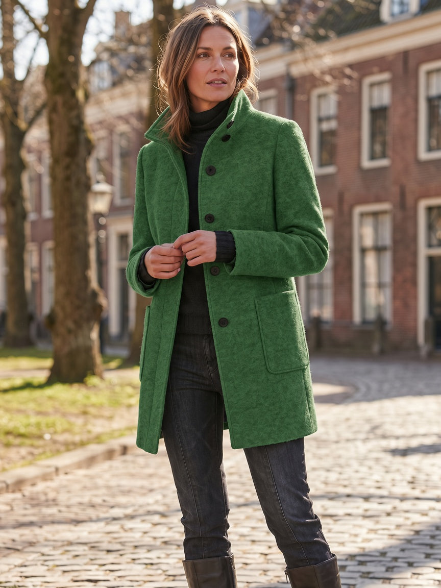 Women's Wool Blend Stand Collar Coat in Dark Green – Full Length View