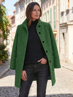 Women's Wool Blend Stand Collar Coat in Dark Green – Open Coat View