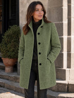 Women's Wool Blend Stand Collar Coat in Light Green – Hands in Pockets View