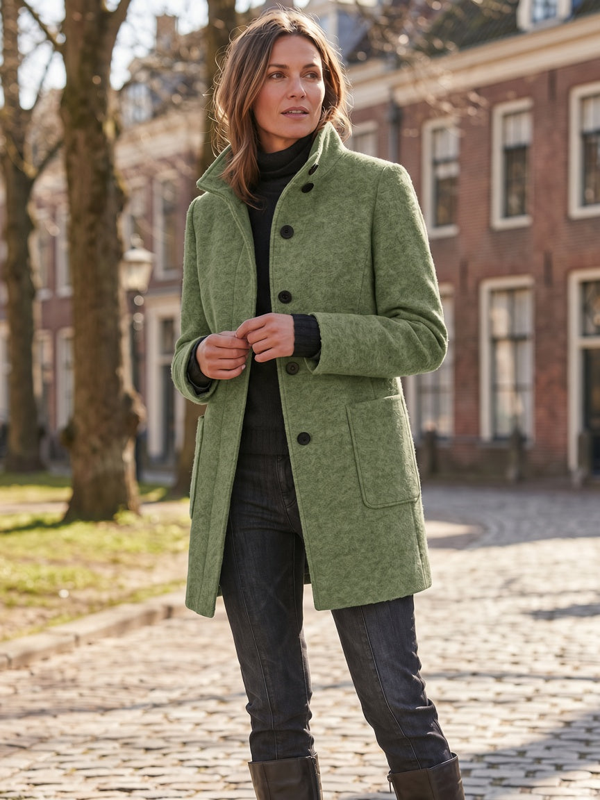 Women's Wool Blend Stand Collar Coat in Light Green – Full Length View