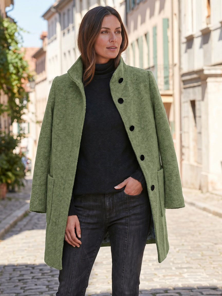 Women's Wool Blend Stand Collar Coat in Light Green – Open Coat View