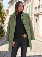 Women's Wool Blend Stand Collar Coat in Light Green – Open Coat View