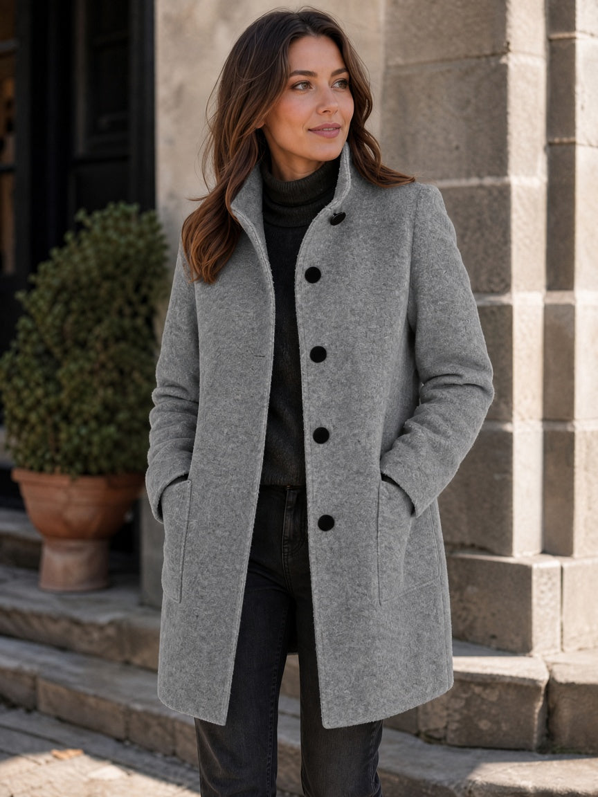 Women's Wool Blend Stand Collar Coat in Light Grey – Hands in Pockets View