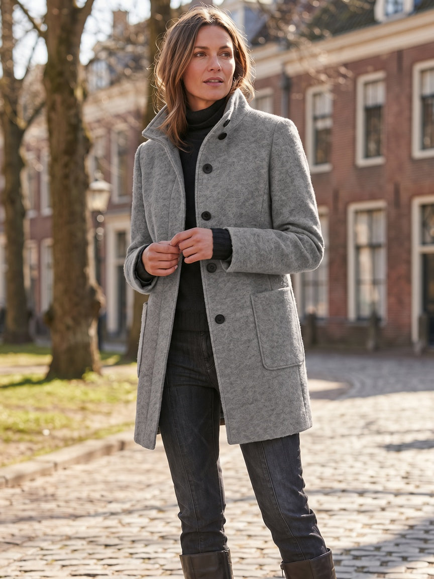 Women's Wool Blend Stand Collar Coat in Light Grey – Full Length View