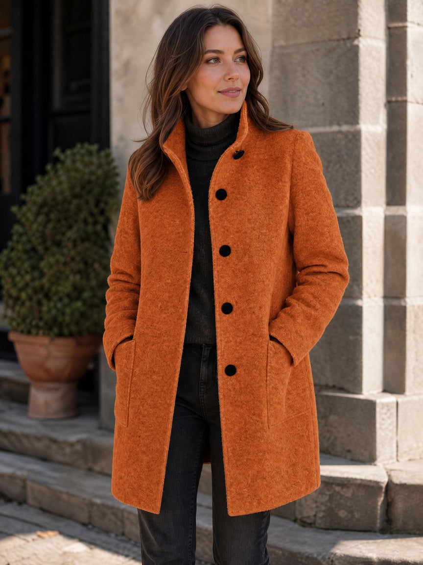 Women's Wool Blend Stand Collar Coat in Orange – Hands in Pockets View