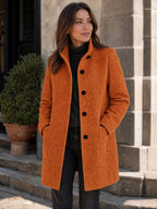 Women's Wool Blend Stand Collar Coat in Orange – Hands in Pockets View